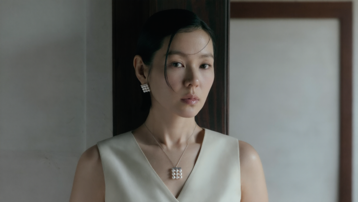 Son Ye-jin Fashion — cream V-neck tailored vest with TASAKI square pearl pendant jewellery